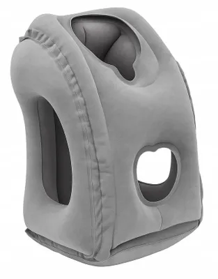 A gray inflatable neck pillow shown from a three-quarter angle.