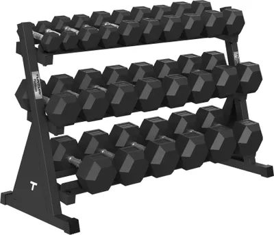 Produktbild von Tunturi Platinum Hexa Gummi Hantel Set inkl. Hantelständer – (12 Sets – 2,5 bis 30 kg) – Schwarz