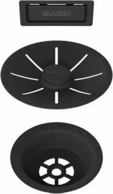 Three black sink drain components are arranged vertically against a white background.