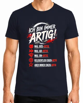 Productafbeelding van Ik ben altijd aardig. Boosaardig. Afschuwelijk. Onbeschaamd. Statement. Sarcasme. Heren T-shirt, marineblauw, maat M