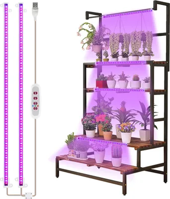 A multi-tiered plant stand with several potted plants, illuminated by purple grow lights. Two separate grow light strips are shown on the left.
