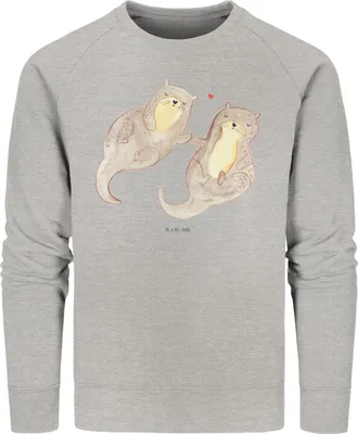 Produktbild von Mr. & Mrs. Panda Bio Baumwoll Pullover Otter Hände halten Größe S - Heather Grey - Geschenk, glücklich, Sweatshirt, Verliebt, Sweater, Romantisch, Liebe, Pulli, Seeotter