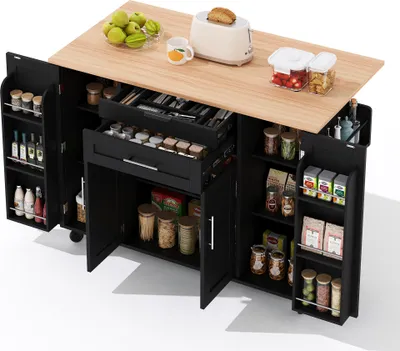 Produktbild von Küchenwagen 120×45cm,Mobile Kücheninsel,ausziehbare Arbeitsplatte bis 70cm, Schwarz