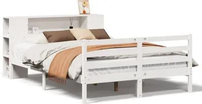 Imagen del producto de Cama de madera maciza con estantería, sin colchón, color blanco, 135x190 cm, pino