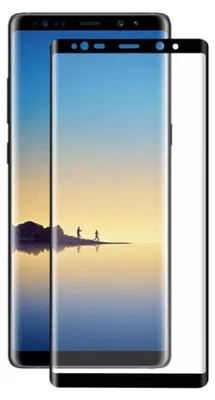 Two smartphones are shown, one slightly behind the other, with a screen protector placed in front of the second phone. The phones display a landscape image on their screens.