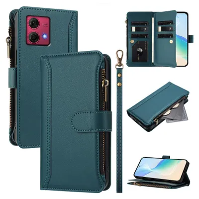 A collage of images showing a teal leather wallet-style phone case with a zipper and card slots, a wrist strap, and a phone inside.
