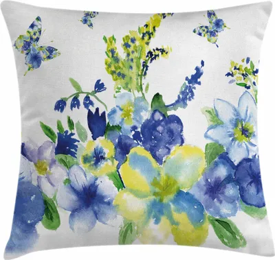 Produktbild von ABAKUHAUS Gelb und Blau Kissenbezug, Wasserfarbe Frühlingsblumen Aquarell Blüte Schmetterling Zeichnung, 60 x 60 cm, Königsblau Lindgrün