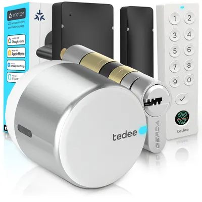 Obrázek produktu pro Tedee GO2 Alu s Keypad PRO, senzorem dveří a vložkou Gerda EXXO – Chytrý zámek, otisk prstu, třída 6, bezpečné zamykání, bezklíčový vstup, Matter