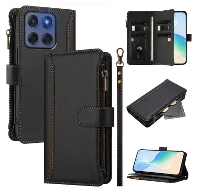 Obrázek produktu pro Pouzdro pro Motorola Moto Edge 60/Edge 60 Fusion/Edge 2025, zipem, peněženkovéPolyuretankožené flip pouzdro s kapsami na karty, stojánkem a poutkem na ruku černý