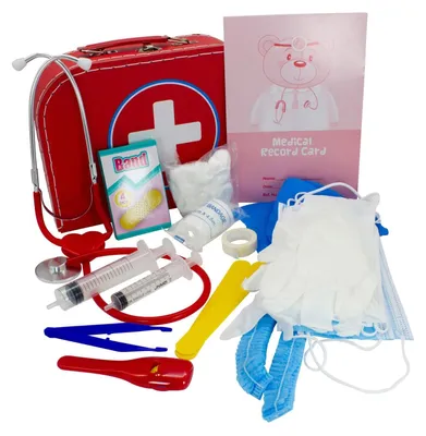 Image de Malette de docteur pour enfants, ensemble de 26 pièces avec de nombreux accessoires et un stéthoscope fonctionnel, modèle 37352, dimensions : 29 x 19 x 9 cm