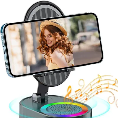 Produktbild von handyhalterung,Kabelloser Bluetooth Lautsprecher mit 5 in 1 Handyhalterung, 3000 mAh Notfall Akku, 300° faltbar für iPhone, Android und Tablet,Schwarz