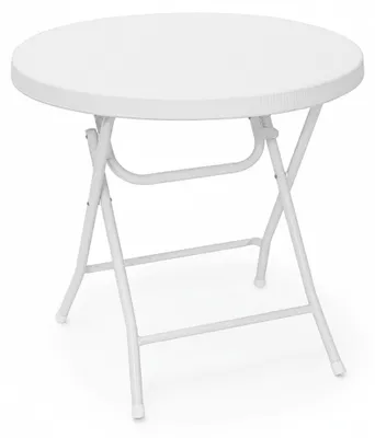 Image de Table de jardin pliante BASTIAN de Relaxdays, ronde, H x L x P : 74 x 80 x 80 cm, métal, plastique, aspect rotin, blanche