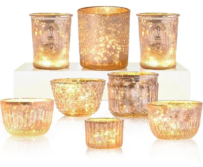Image de Support pour bougies chauffe-plat, couleur or et marron, lot de 8, en verre, pour décoration de table
