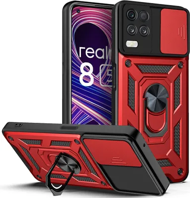 Produktbild von Realme 8 5G Hülle mit Ring Ständer Halter Dia Kameraschutz TPU Bumper Silikon Schutzhülle für OPPO Realme 8 5G Rot