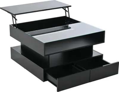 Produktbild von okwish Höhenverstellbarer Couchtisch Beistelltisch mit Verstecktem Stauraum,Hochglanz-Wohnzimmertisch Sofatisch mit 2 Schubladen und LED-Leuchten,Schwarz