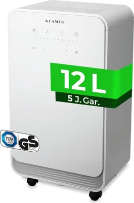 A white KLAMER electric dehumidifier with a green overlay indicating capacity and warranty.
