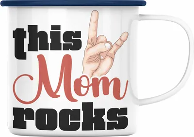 Produktbild von Trendation - This Mom Rocks Lustige Emaille Tasse Mama Rockn Roll Geschenkidee (Blau)