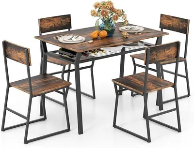 Produktbild von Essgruppe Esstisch mit 4 Stühlen, Esszimmergruppe Küchentisch Set für 4 Personen, Esszimmer Tisch Set Esstisch Metallrahmen, Esszimmergarnitur Sitzgruppe Industrie für Esszimmer Küche
