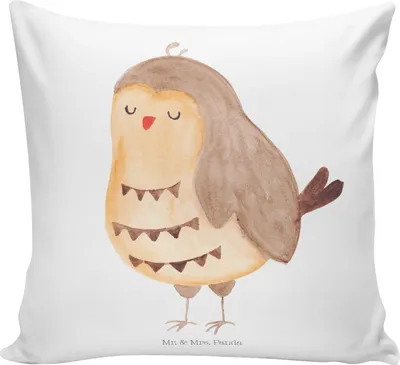 Produktbild von Mr. & Mrs. Panda Kuschelkissen Eule Zufrieden - Weiß - Geschenk, glücklich, Kleines Kissen, Romantisch, Eulen Deko, Polster, Owl, 40x40, Hochzeitstag, Kuschel, Dekokissen