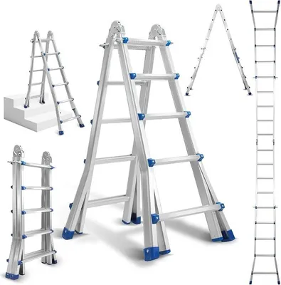 Imagen del producto de Escalera telescópica de 5.13 metros, con 4 escalones por tramo. Escalera multiusos de aluminio, plegable 4 en 1, con capacidad de carga de 150 kg. Se puede utilizar como escalera de aplicación, escalera de escalones, escalera de caballete o escalera de mano