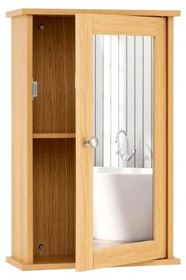 Produktbild von Wandschrank mit Spiegel, eintüriger Spiegelschrank, Badschrank mit verstellbarem Einlegeboden und 2 Fächern, 34x15x53 cm (Natur)