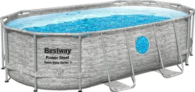 Produktbild von Bestway® Power Steel™ Swim Vista Series™ Frame Pool Komplett-Set mit Filterpumpe 427 x 250 x 100 cm, Steinwand-Optik (Cremegrau), oval