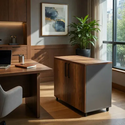 Image de Buffet Braun gris avec deux portes et une étagère ouverte