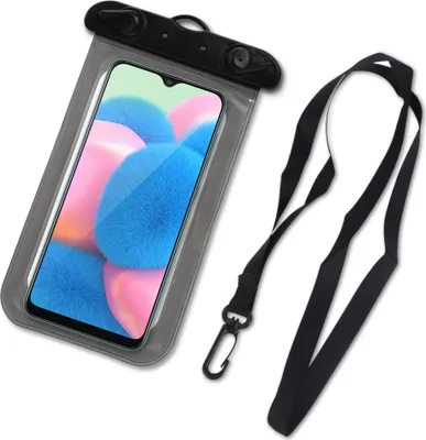 A waterproof phone pouch with a lanyard.