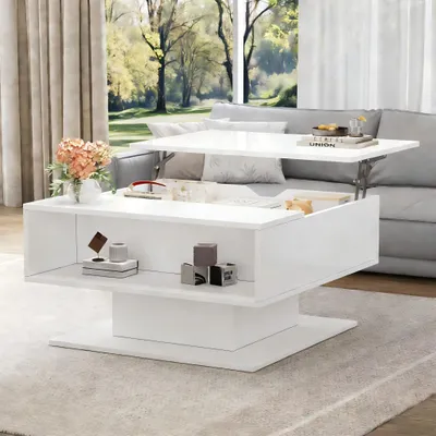 Produktbild von Merax Hochglanze Couchtisch mit LED-Beleuchtung, höhenverstellbare Beistelltisch mit Stauraum, Sofatisch aus MDF, Wohnzimmertisch, Weiß