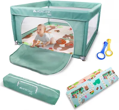 Produktbild von Mobiclinic Kids, Laufstall Baby + Spielmatte, Faltbar, 125X125cm, Tragetasche, Atmungsaktives Netz, Happyland, Geruchloses und Waschbares Gewebe