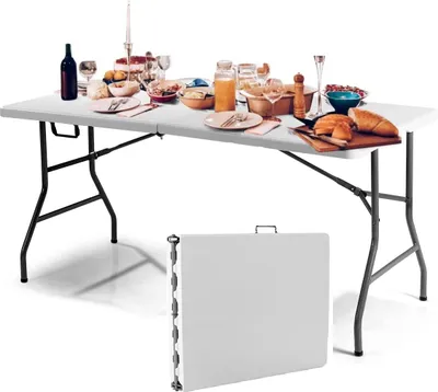 Produktbild von Campingtisch Gartentisch klappbar, Balkontisch Esstisch Beistelltisch Outdoor, Reisetisch tragbar mit Griff, Grilltisch Tisch wetterfest für Camping Balkon, weiss (153 x 74 x 74 cm)