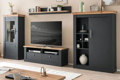 Produktbild von Wohnwand "Ribera" in grau und Wotan Eiche Landhaus Wohnzimmer Set 357x170 cm, Soft-Close