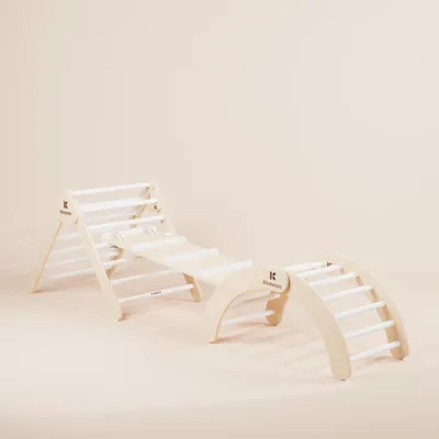 Produktbild von KINDAHOLZ 5in1 Klettergerüst Indoor-Spielplatz Set – Pikler Dreieck + Kletterbogen + 2-in-1 Rutsche mit Sicherheitsbändern für Kinder ab 1 Jahr