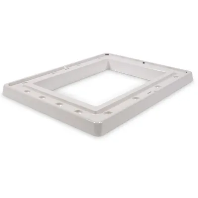 A white plastic frame with a rectangular opening, shown from a slightly elevated angle against a white background.