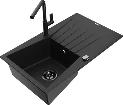 Produktbild von Mexen Cesar 1 Becken-Granitspüle mit Abtropffläche und Mischbatterie Flora, Schwarz - 6514-77-670401-70-B