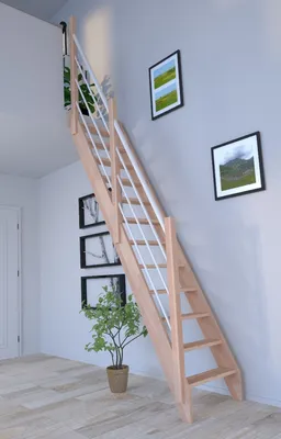 Produktbild von Raumspartreppe Buche 3000 mit Holz-Edelstahl Geländer in weiß links