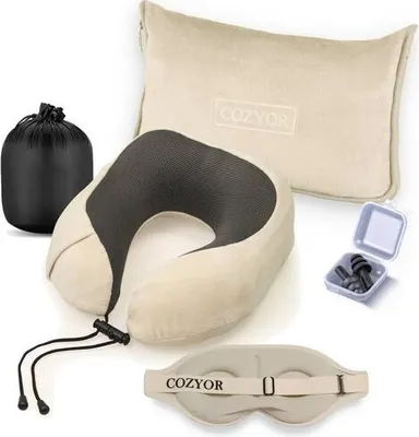 Produktbild von Cozyor Reiseset 4-teilig: Nackenkissen + Schlafmaske + Reisekissen & Reisedecke 2 in 1 + Ohrstöpsel, mit Rucksack-Clip & Kofferbefestigung Flugzeug leicht, Kinder & Erwachsene