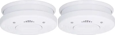 Two white smoke detectors are shown against a white background.