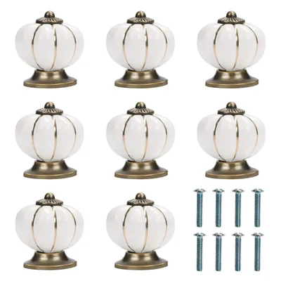 Produktbild von Kurtzy Schrankgriffe Vintage Weiß & Gold Kürbis Keramik Möbelknauf Vintage mit Schrauben (8er Pack) 3,6 x 3,9 cm - Runde Möbelknöpfe Vintage Griffe