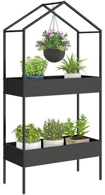 Produktbild von 2-Etagen Pflanzenständer in Hausform, 150 cm hoch Blumenständer mit Haken, Metall Schwarz