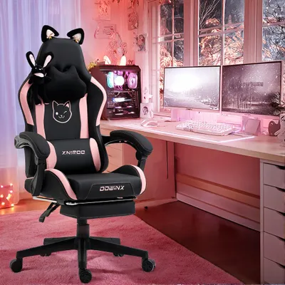 Obrázek produktu pro Herní židle růžová - kancelářská židle - židle pro hráče - roztomilý design - ergonomická - s nastavitelnou opěrkou nohou - maximální nosnost 136 kg