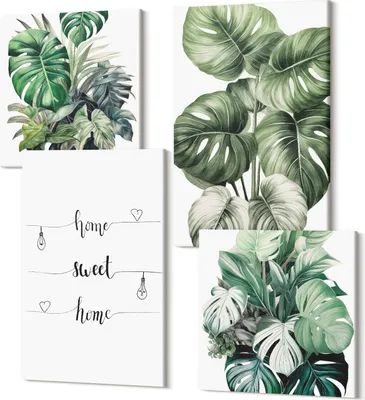 Produktbild von Leinwandbild Set 4-teilig – Modernes Wandbild – Polycanvas Kunstdruck – Abstrakte Bilder – Hochwertige Wandkunst – 2x 40x40 cm + 2x 40x60 cm – Aquarell Monstera Blätter Home Sweet Home