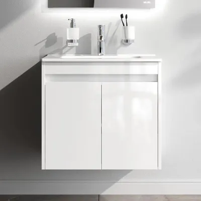 Produktbild von AM.PM Waschtischunterschrank mit Waschbecken, 60 cm, als Flachpaket, 2 Türen, Weiß glänzend – MPAX0601WG-C0602WG
