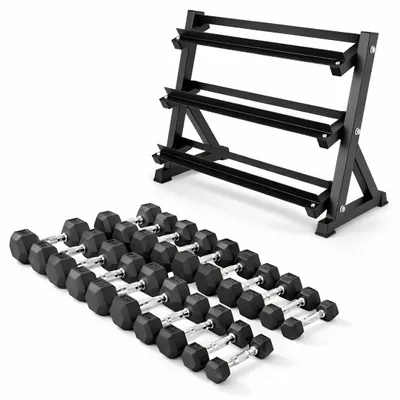 Produktbild von PH Fitness Hexa Hantelset 2–20 kg (10 Paar) mit Extra Schwerem 3-Etagen Rack | Gummi Kurzhanteln & Stahlregal für Home Gym, Studio & Krafttraining