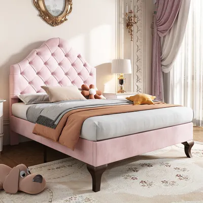 Produktbild von Merax Polsterbett 90x200cm mit höhenverstellbarem Kopfteil und Lattenrost, Einzelbett Jugendbett aus Samt und Massivholz, Rosa