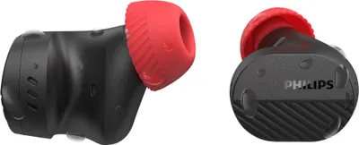 Two black Philips earbuds with red ear tips are shown against a white background.