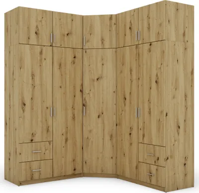 Produktbild von Meblast | 3-teiliger Eckschrank 189x240x54 cm ohne Spiegel - Kleiderschrank mit 20 Einlegeböden, 4 Schubladen & 3 Kleiderstangen | Artisan Eiche, Ecks
