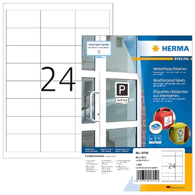 Zdjęcie produktu dla HERMA 10792, Biały, Prostokąt, 66 x 33.8 mm, Uniwersalne, Papier, Laser/Atrament