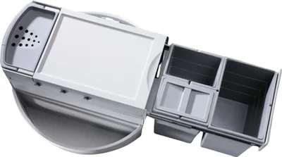 A top-down view of a modular kitchen waste bin system.