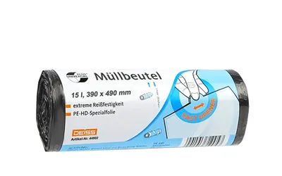A roll of black trash bags with a label.
